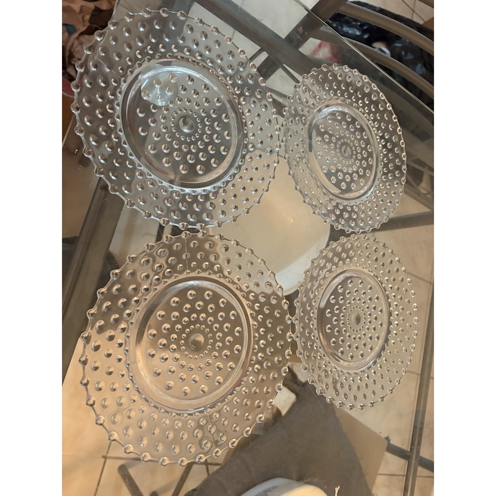 Set of 4 Vintage Clear Glass Hobnail Thousand Eye Salad Dessert Plates Ruffled